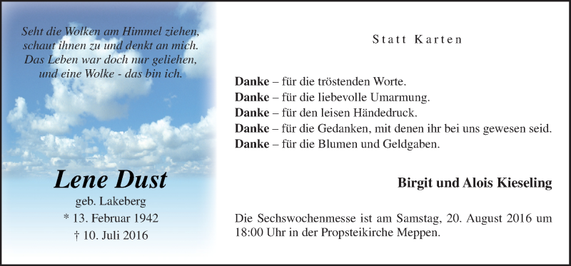 Traueranzeige für Lene Dust vom 13.08.2016 aus Neue Osnabrücker Zeitung GmbH & Co. KG