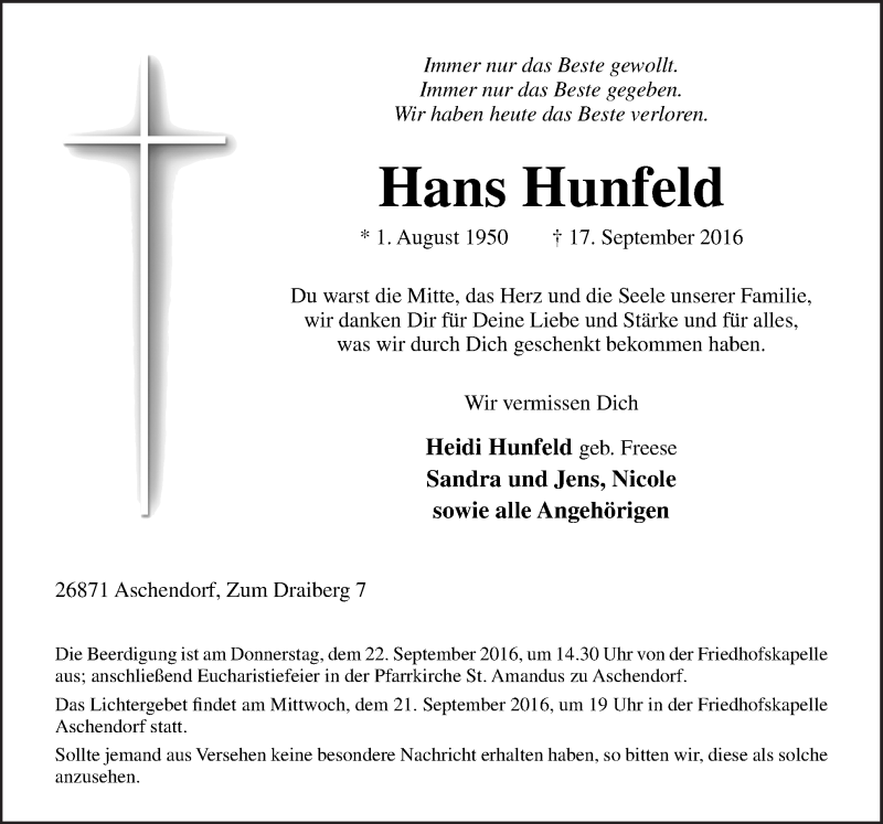  Traueranzeige für Hans Hunfeld vom 19.09.2016 aus Neue Osnabrücker Zeitung GmbH & Co. KG