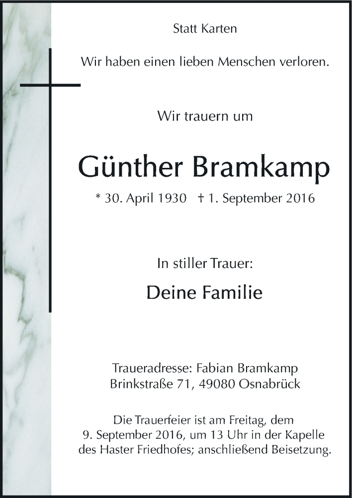 Traueranzeigen von Günther Bramkamp noz Trauerportal