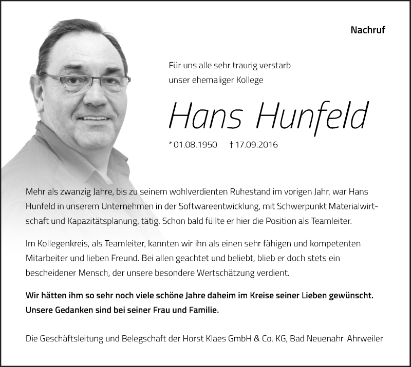 Traueranzeige für Hans Hunfeld vom 22.09.2016 aus Neue Osnabrücker Zeitung GmbH & Co. KG