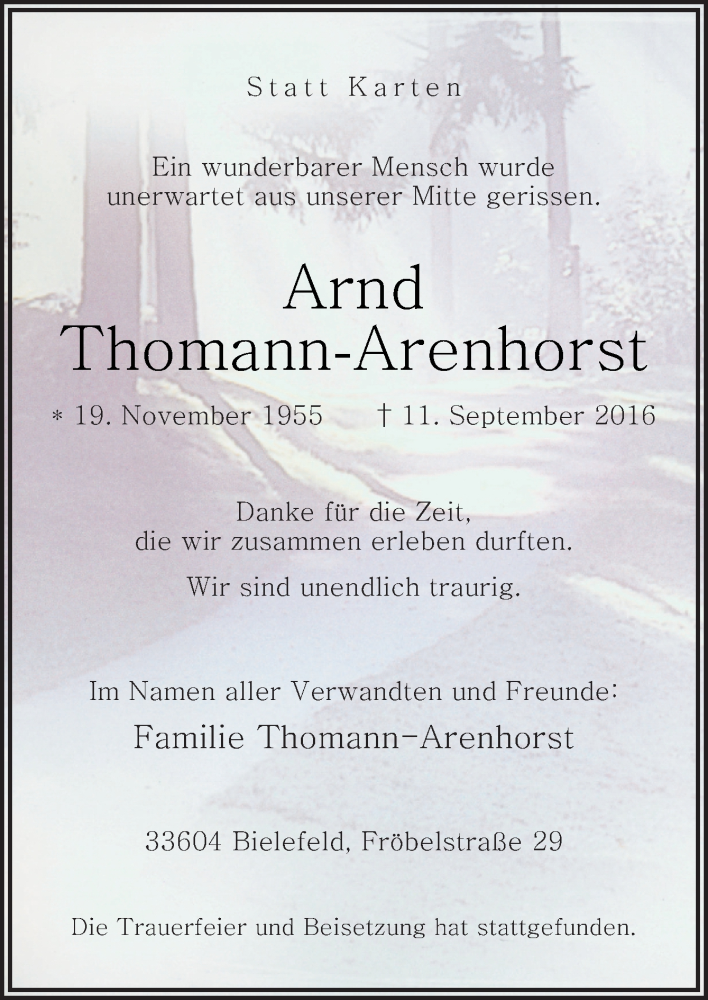  Traueranzeige für Arnd Thomann-Arenhorst vom 17.09.2016 aus Neue Osnabrücker Zeitung GmbH & Co. KG