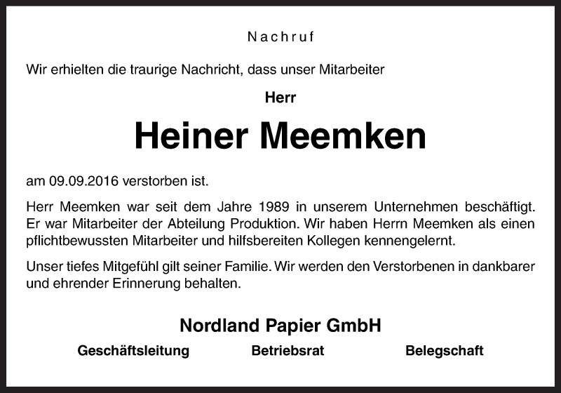  Traueranzeige für Heiner Meemken vom 15.09.2016 aus Neue Osnabrücker Zeitung GmbH & Co. KG