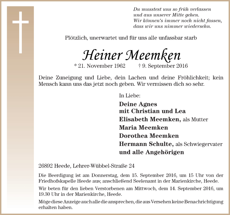  Traueranzeige für Heiner Meemken vom 13.09.2016 aus Neue Osnabrücker Zeitung GmbH & Co. KG