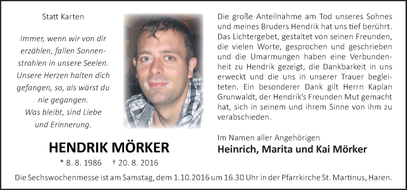  Traueranzeige für Hendrik Mörker vom 27.09.2016 aus Neue Osnabrücker Zeitung GmbH & Co. KG