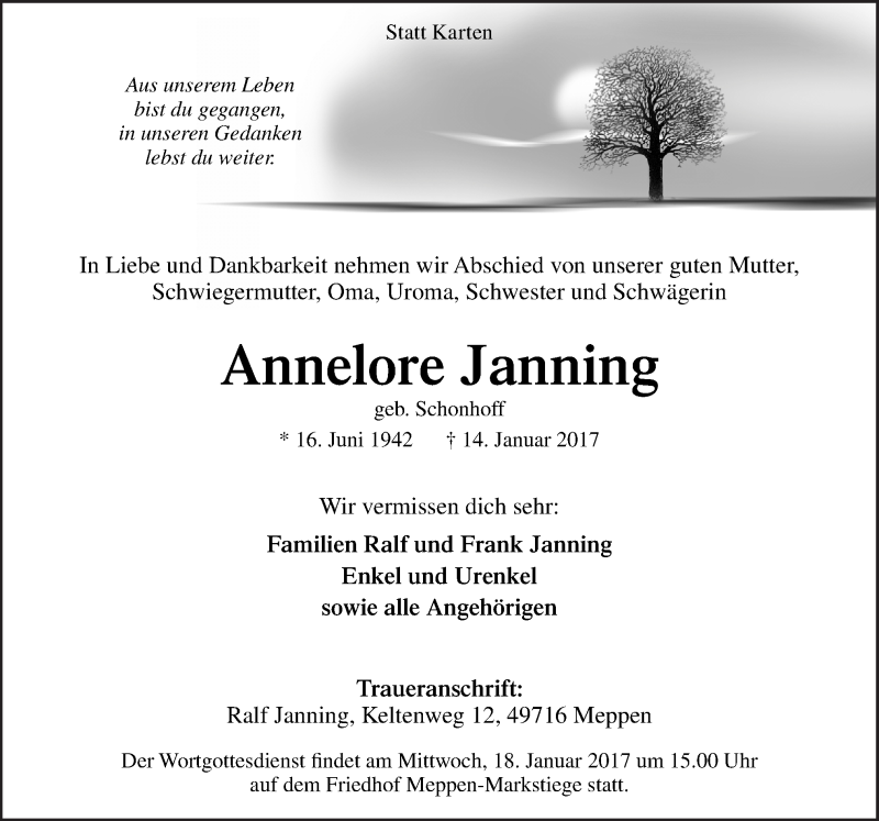  Traueranzeige für Annelore Janning vom 16.01.2017 aus Neue Osnabrücker Zeitung GmbH & Co. KG