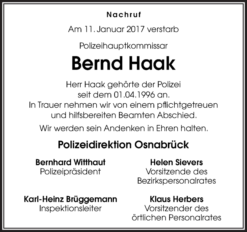 Traueranzeige für Bernd Haak vom 14.01.2017 aus Neue Osnabrücker Zeitung GmbH & Co. KG