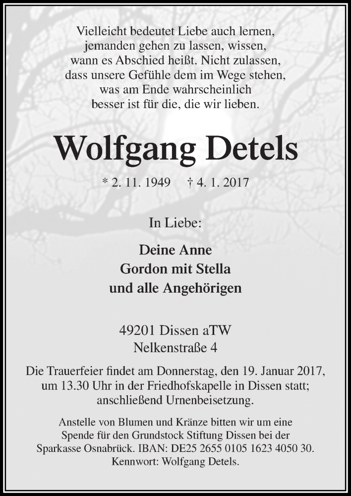  Traueranzeige für Wolfgang Detels vom 14.01.2017 aus Neue Osnabrücker Zeitung GmbH & Co. KG