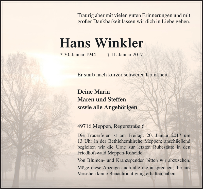  Traueranzeige für Hans Winkler vom 14.01.2017 aus Neue Osnabrücker Zeitung GmbH & Co. KG