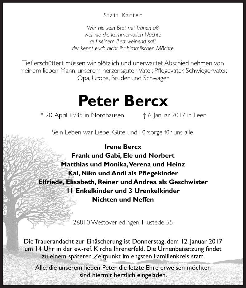 Traueranzeige für Peter Bercx vom 09.01.2017 aus Neue Osnabrücker Zeitung GmbH & Co. KG