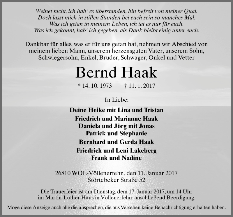  Traueranzeige für Bernd Haak vom 13.01.2017 aus Neue Osnabrücker Zeitung GmbH & Co. KG