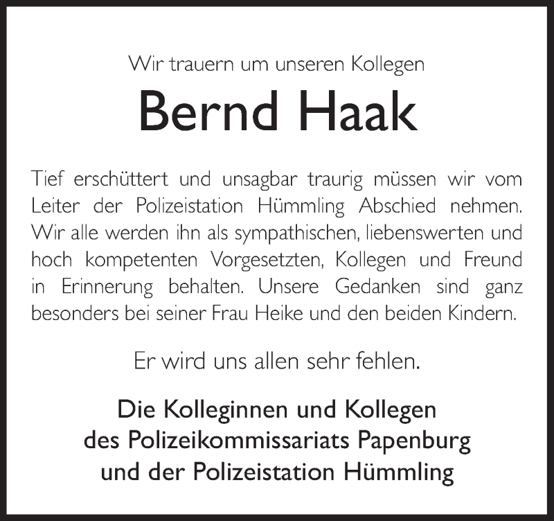  Traueranzeige für Bernd Haak vom 16.01.2017 aus Neue Osnabrücker Zeitung GmbH & Co. KG