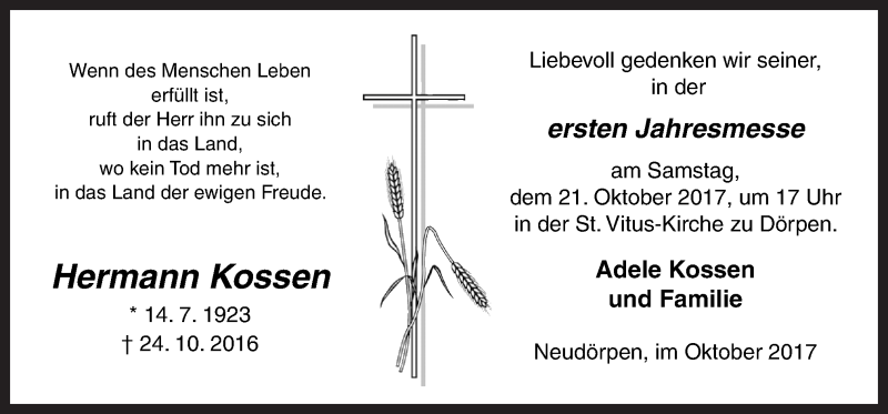  Traueranzeige für Hermann Kossen vom 18.10.2017 aus Neue Osnabrücker Zeitung GmbH & Co. KG