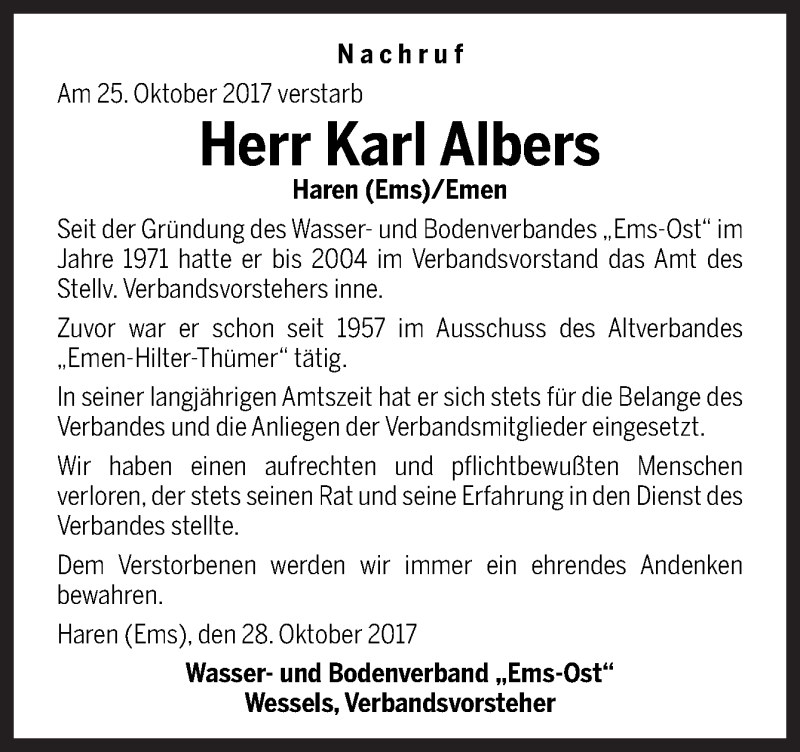 Traueranzeigen Von Karl Albers Noz Trauerportal