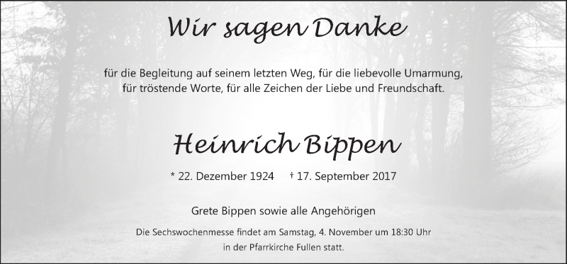  Traueranzeige für Heinrich Bippen vom 01.11.2017 aus Neue Osnabrücker Zeitung GmbH & Co. KG