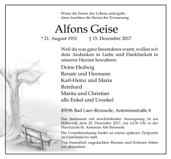 Traueranzeigen Von Alfons Geise Noz Trauerportal