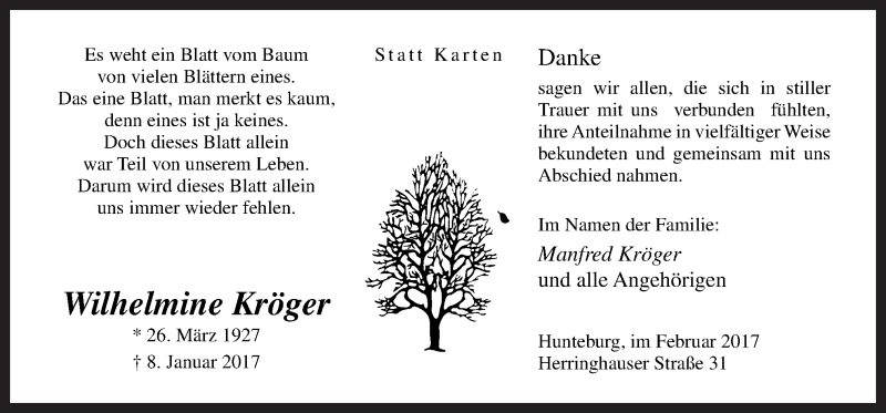  Traueranzeige für Wilhelmine Kröger vom 25.02.2017 aus Neue Osnabrücker Zeitung GmbH & Co. KG