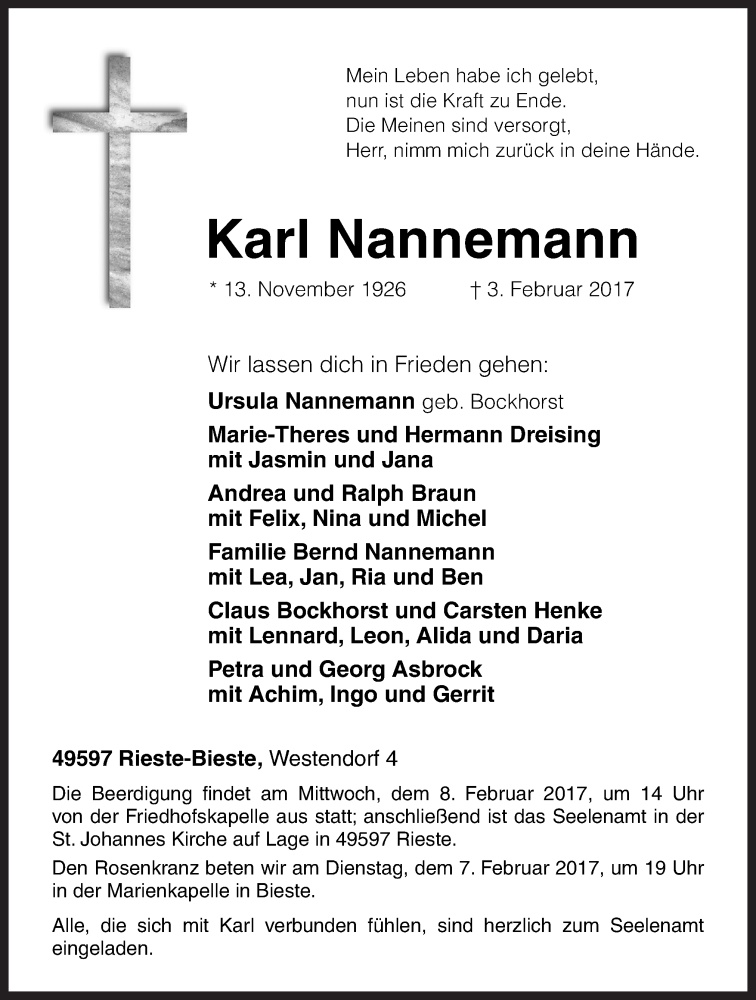 Traueranzeige für Karl Nannemann vom 06.02.2017 aus Neue Osnabrücker Zeitung GmbH & Co. KG