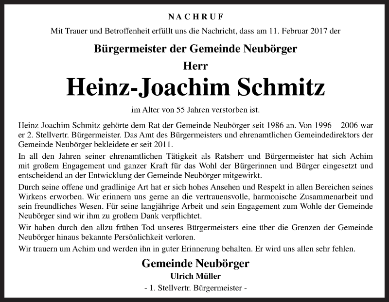  Traueranzeige für Heinz-Joachim Schmitz vom 15.02.2017 aus Neue Osnabrücker Zeitung GmbH & Co. KG