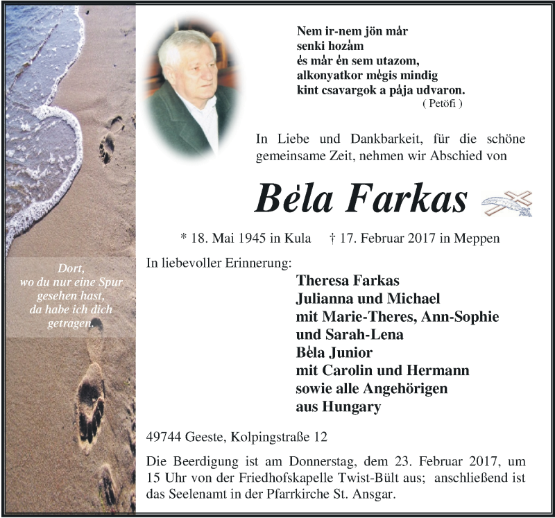  Traueranzeige für Bela Farkas vom 20.02.2017 aus Neue Osnabrücker Zeitung GmbH & Co. KG