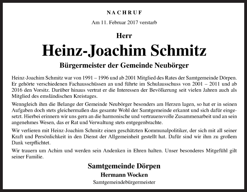  Traueranzeige für Heinz-Joachim Schmitz vom 15.02.2017 aus Neue Osnabrücker Zeitung GmbH & Co. KG