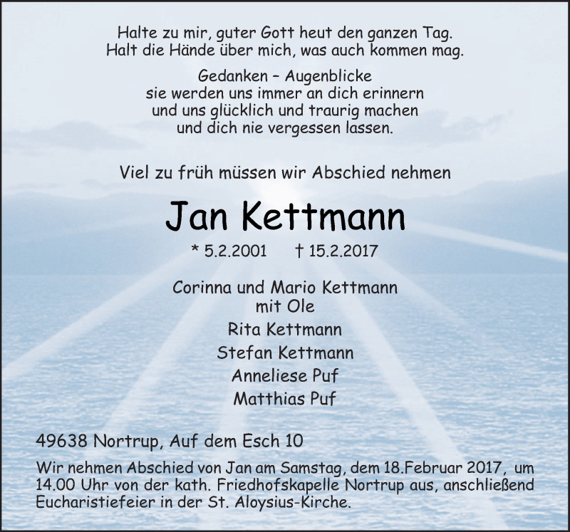  Traueranzeige für Jan Kettmann vom 17.02.2017 aus Neue Osnabrücker Zeitung GmbH & Co. KG