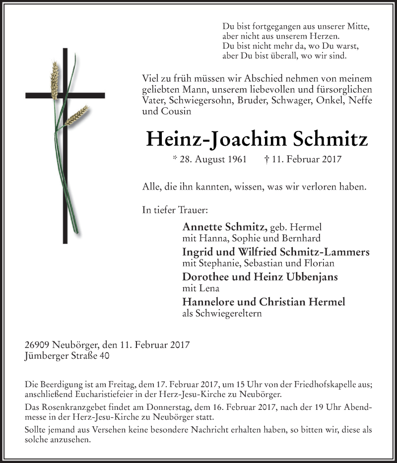  Traueranzeige für Heinz-Joachim Schmitz vom 14.02.2017 aus Neue Osnabrücker Zeitung GmbH & Co. KG