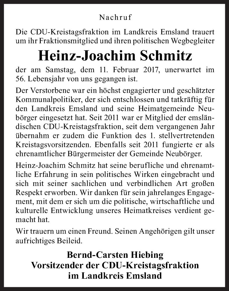  Traueranzeige für Heinz-Joachim Schmitz vom 16.02.2017 aus Neue Osnabrücker Zeitung GmbH & Co. KG