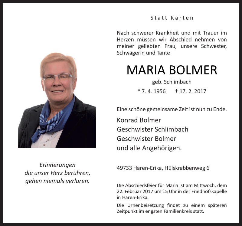 Traueranzeige für Maria Bolmer vom 20.02.2017 aus Neue Osnabrücker Zeitung GmbH & Co. KG