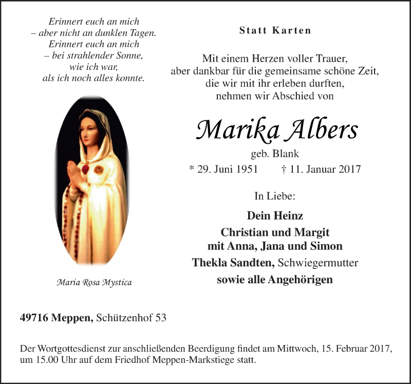  Traueranzeige für Marika Albers vom 13.02.2017 aus Neue Osnabrücker Zeitung GmbH & Co. KG