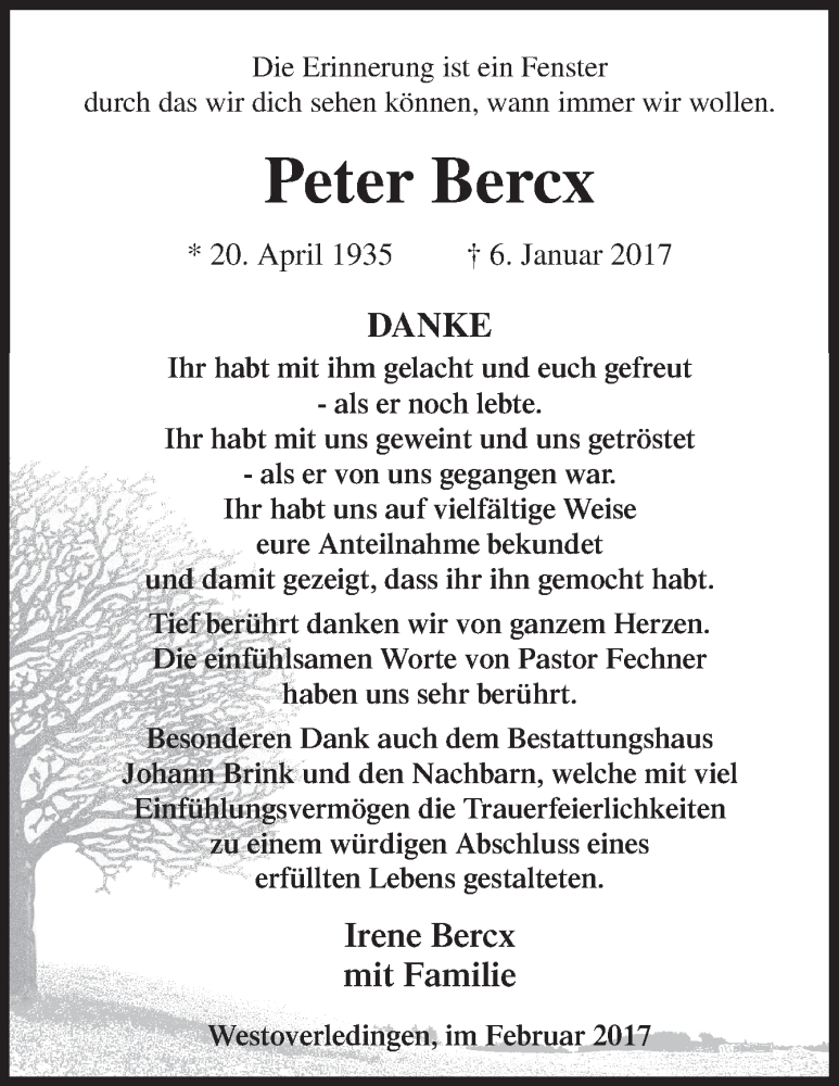  Traueranzeige für Peter Bercx vom 18.02.2017 aus Neue Osnabrücker Zeitung GmbH & Co. KG