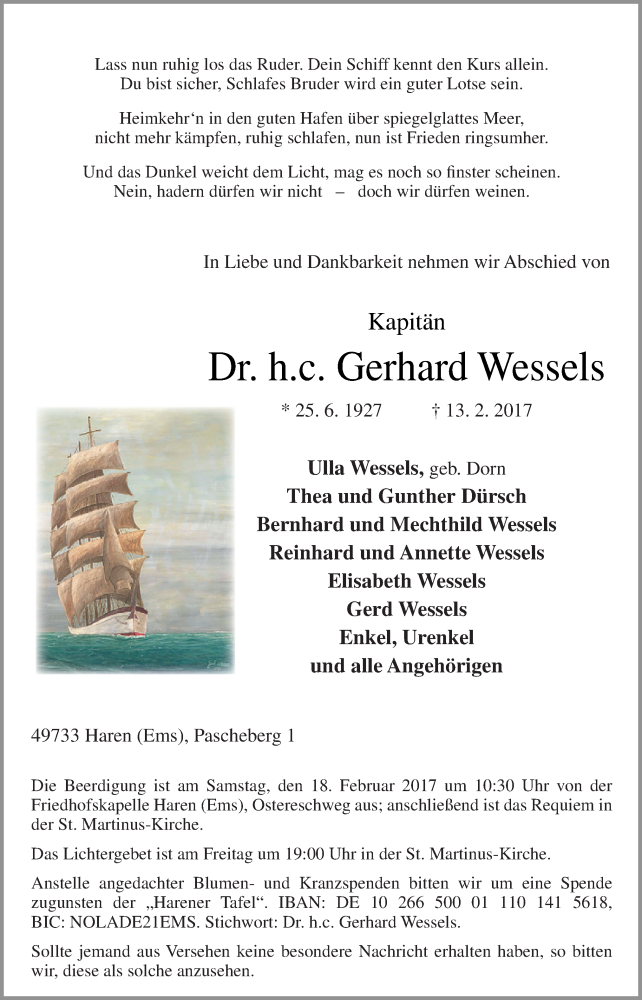  Traueranzeige für Gerhard Wessels vom 15.02.2017 aus Neue Osnabrücker Zeitung GmbH & Co. KG