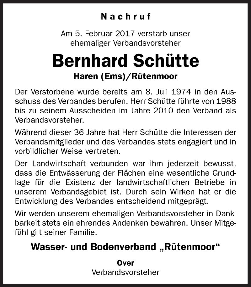  Traueranzeige für Bernhard Schütte vom 09.02.2017 aus Neue Osnabrücker Zeitung GmbH & Co. KG