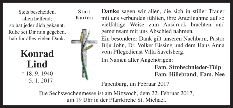  Traueranzeige für Konrad Lind vom 18.02.2017 aus Neue Osnabrücker Zeitung GmbH & Co. KG