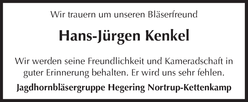  Traueranzeige für Hans-Jürgen Kenkel vom 29.03.2017 aus Neue Osnabrücker Zeitung GmbH & Co. KG