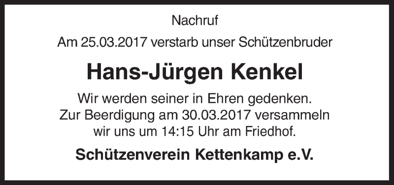  Traueranzeige für Hans-Jürgen Kenkel vom 29.03.2017 aus Neue Osnabrücker Zeitung GmbH & Co. KG