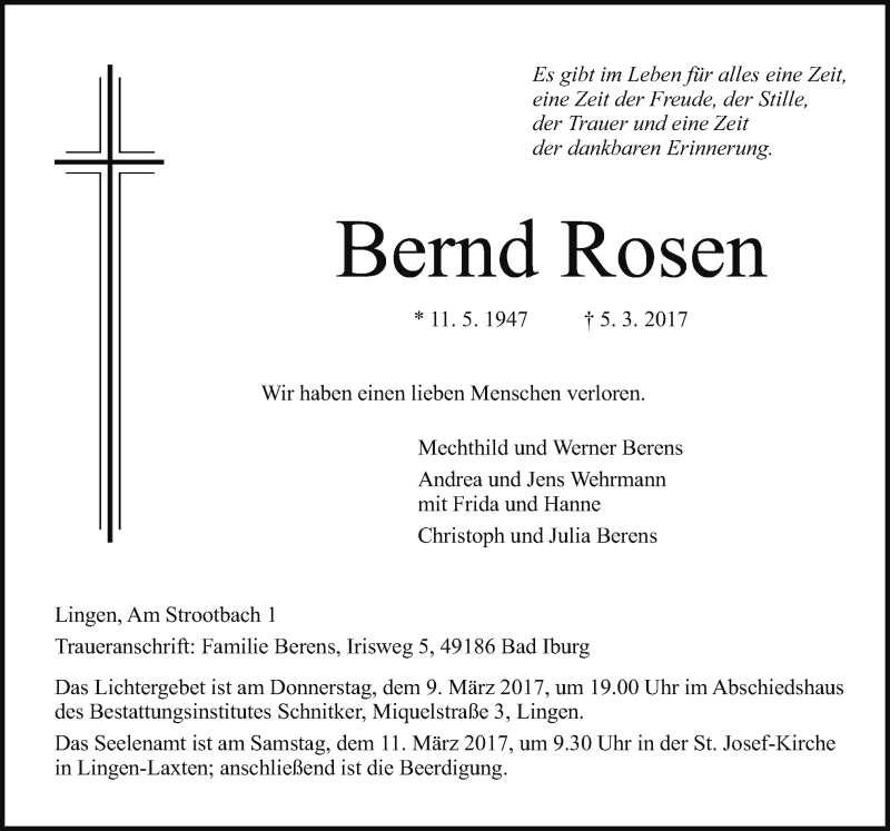  Traueranzeige für Bernd Rosen vom 08.03.2017 aus Neue Osnabrücker Zeitung GmbH & Co. KG