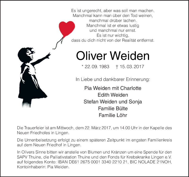  Traueranzeige für Oliver Weiden vom 20.03.2017 aus Neue Osnabrücker Zeitung GmbH & Co. KG