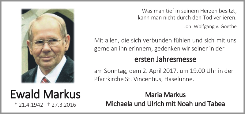  Traueranzeige für Ewald Markus vom 27.03.2017 aus Neue Osnabrücker Zeitung GmbH & Co. KG