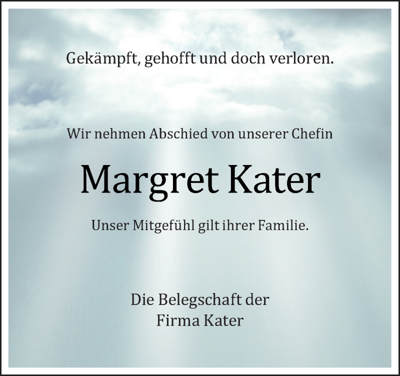  Traueranzeige für Margret Kater vom 30.03.2017 aus Neue Osnabrücker Zeitung GmbH & Co. KG