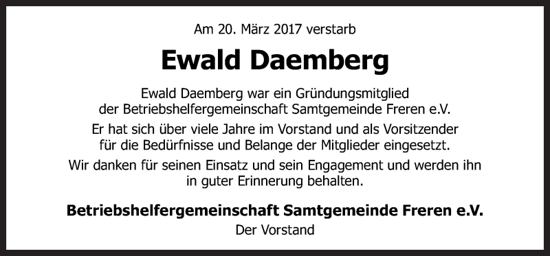  Traueranzeige für Ewald Daemberg vom 29.03.2017 aus Neue Osnabrücker Zeitung GmbH & Co. KG