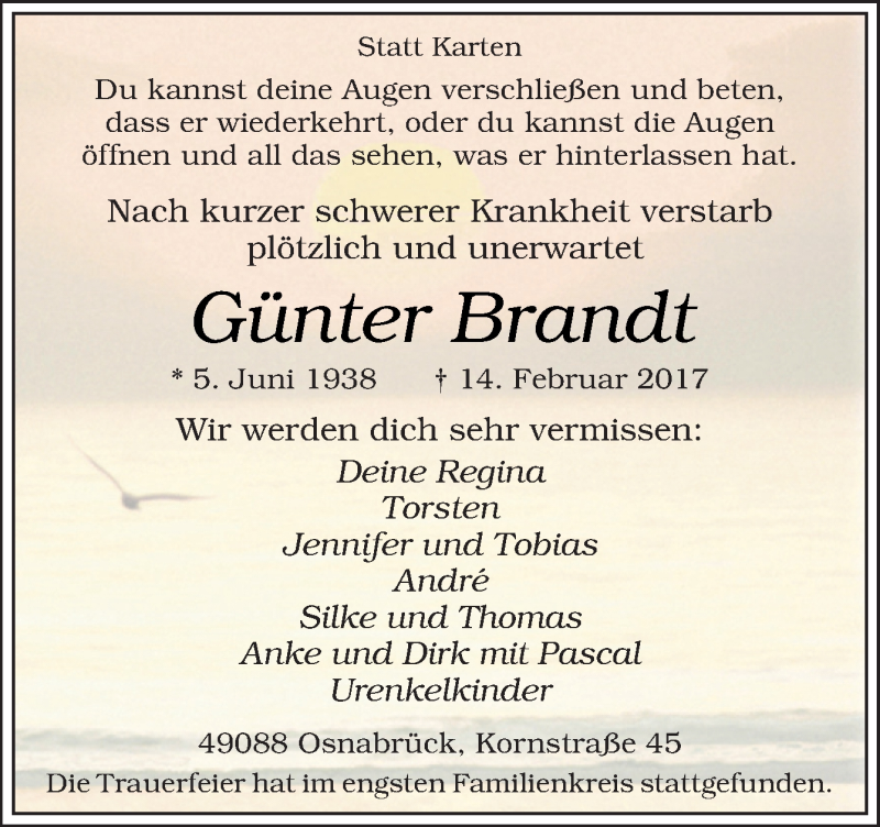  Traueranzeige für Günter Brandt vom 25.03.2017 aus Neue Osnabrücker Zeitung GmbH & Co. KG