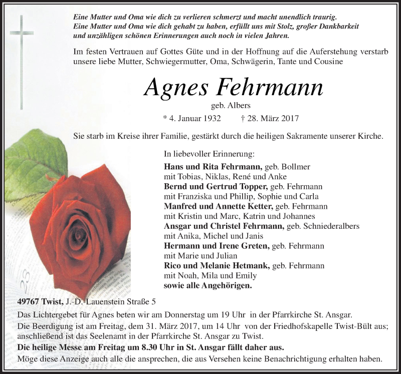  Traueranzeige für Agnes Fehrmann vom 29.03.2017 aus Neue Osnabrücker Zeitung GmbH & Co. KG