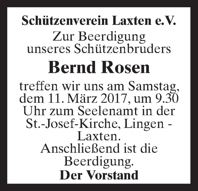 Traueranzeige für Bernd Rosen vom 09.03.2017 aus Neue Osnabrücker Zeitung GmbH & Co. KG