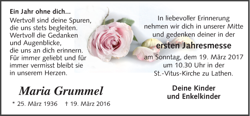  Traueranzeige für Maria Grummel vom 15.03.2017 aus Neue Osnabrücker Zeitung GmbH & Co. KG