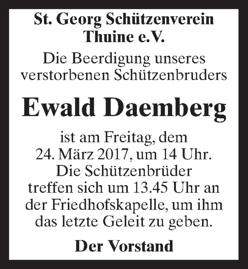  Traueranzeige für Ewald Daemberg vom 23.03.2017 aus Neue Osnabrücker Zeitung GmbH & Co. KG