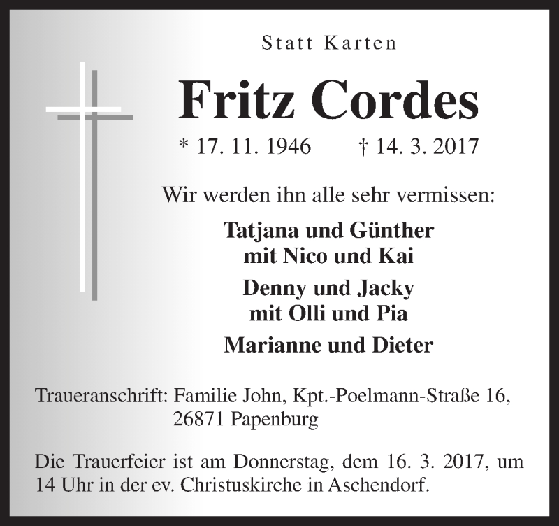  Traueranzeige für Fritz Cordes vom 15.03.2017 aus Neue Osnabrücker Zeitung GmbH & Co. KG