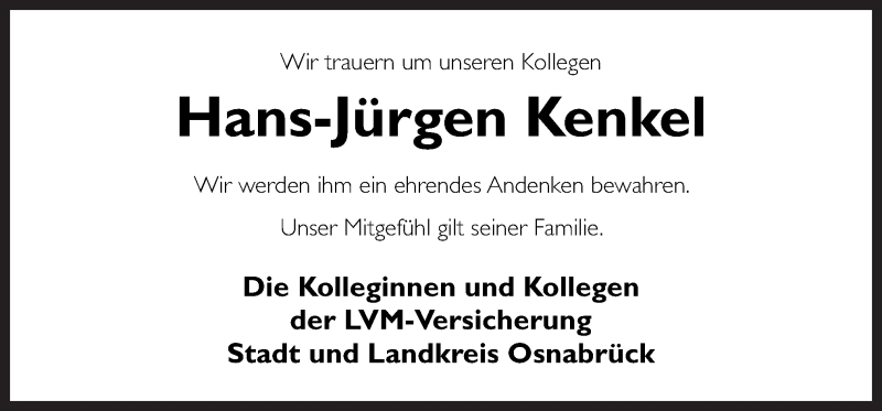 Traueranzeige für Hans-Jürgen Kenkel vom 31.03.2017 aus Neue Osnabrücker Zeitung GmbH & Co. KG