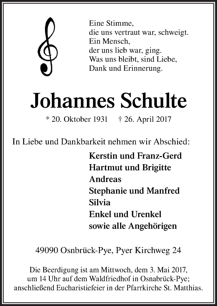  Traueranzeige für Johannes Schulte vom 28.04.2017 aus Neue Osnabrücker Zeitung GmbH & Co. KG