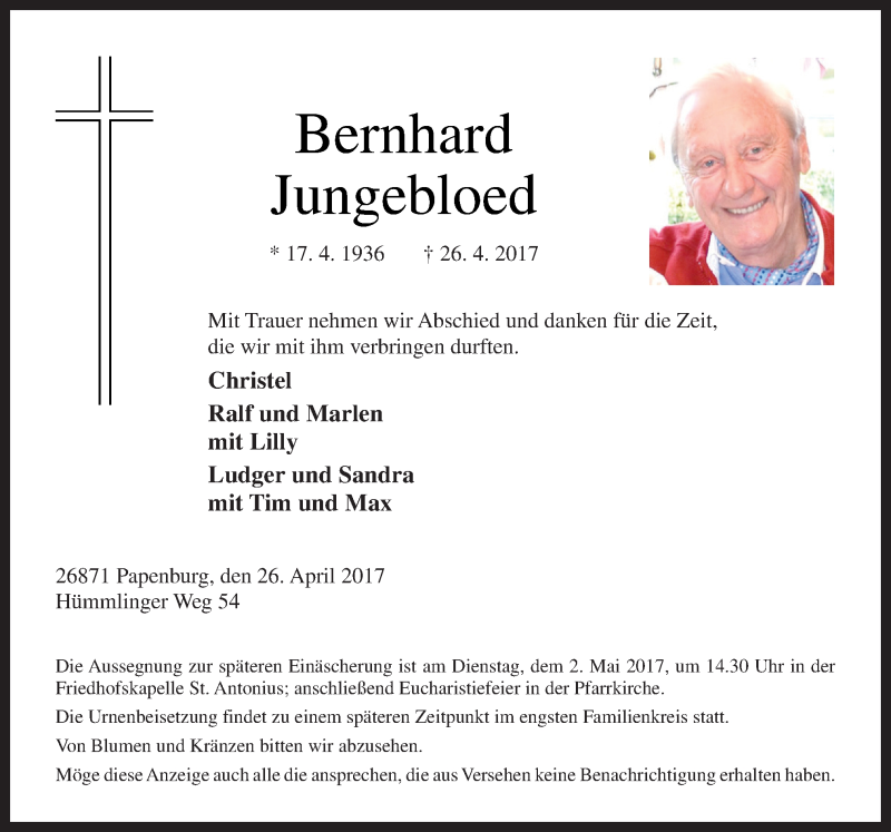  Traueranzeige für Bernhard Jungebloed vom 28.04.2017 aus Neue Osnabrücker Zeitung GmbH & Co. KG