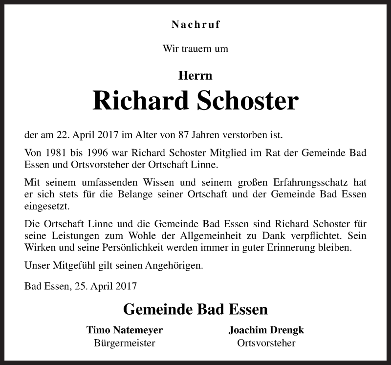  Traueranzeige für Richard Schoster vom 26.04.2017 aus Neue Osnabrücker Zeitung GmbH & Co. KG